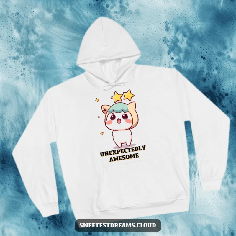 Funny kawaii character hoodie, shocked expression, a shooting star landing, cozy and humorous loungewear.