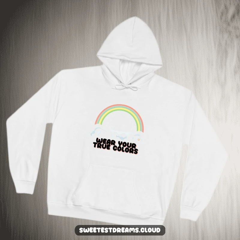 Funny Rainbow Hoodie with a gentle design of a rainbow arching over clouds, offering warmth and humorous, hopeful vibes.