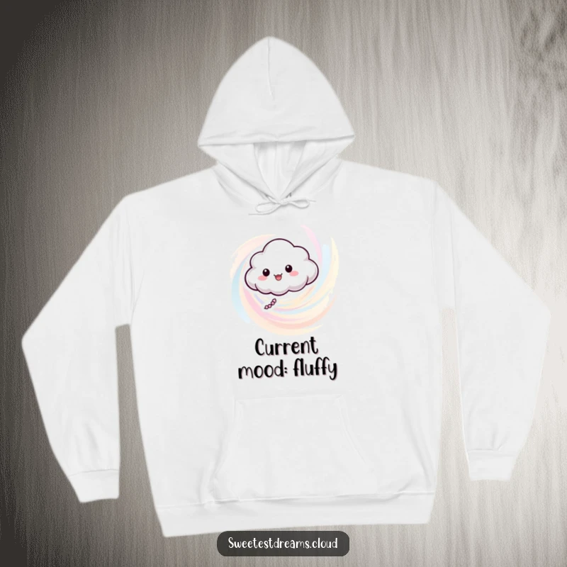 Funny hoodie featuring a smiling cloud character floating joyfully within a dreamy pastel color swirl, offering cozy vibes.