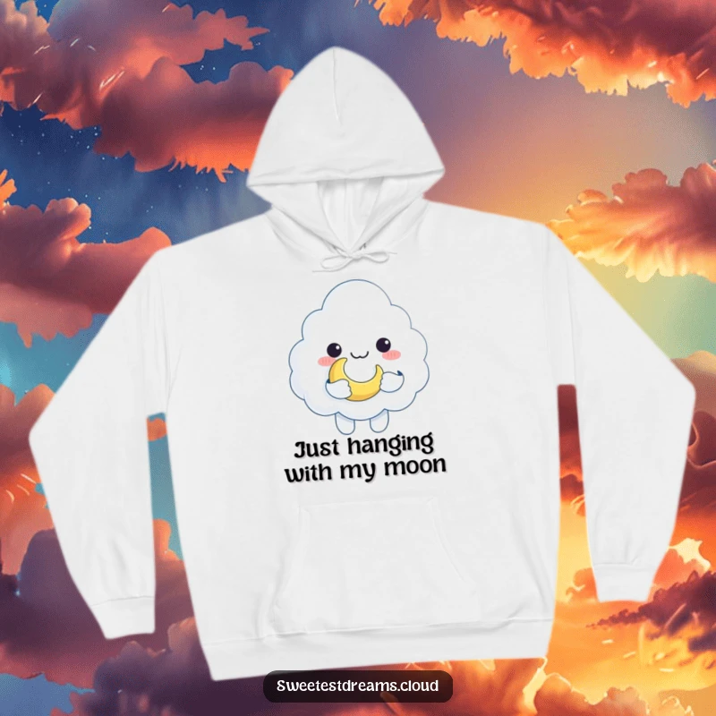 Funny cloud character embracing a crescent moon as if it were a cherished toy, featured on a warm, humorous hoodie.