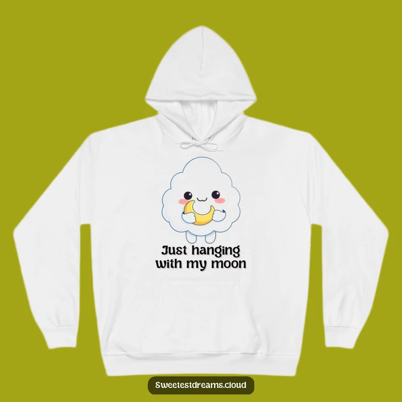 Funny Cloud Holding Moon Hoodie: Cozy Celestial Character Gift for Chilly Nights