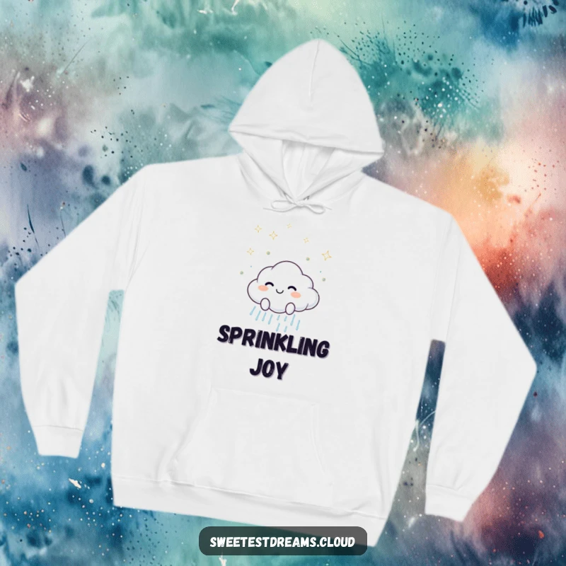 Funny hoodie featuring a happy cloud character scattering sparkling raindrops with a smile, offering cozy and cheerful vibes.