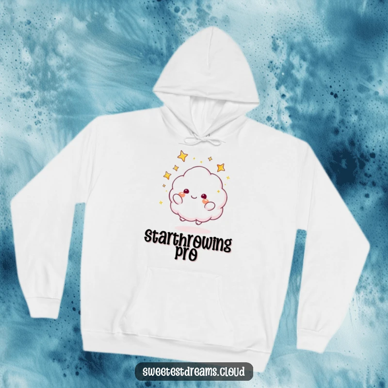 Funny Hoodie featuring a fluffy cloud character playfully tossing sparkly stars, offering warmth and a touch of wonder.