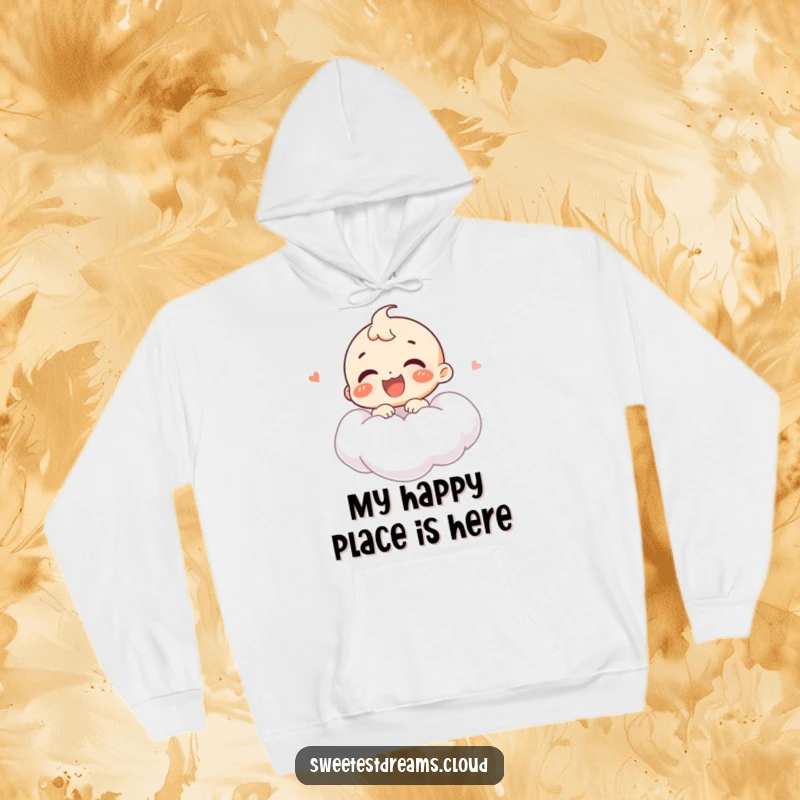 Funny hoodie featuring a joyful character giggling while floating on a cloud, providing cozy humor and radiating pure happiness.