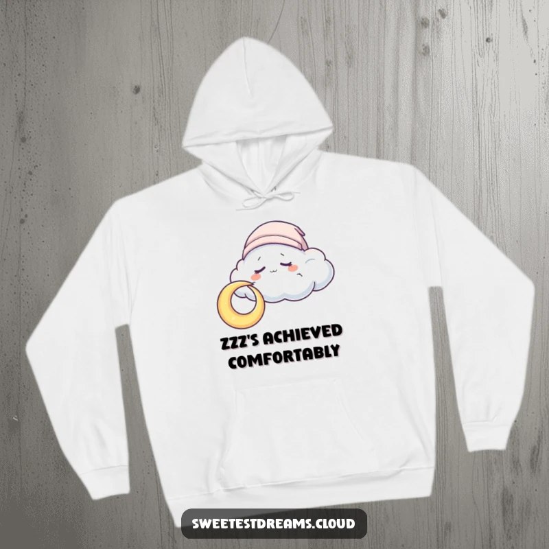 Funny Hoodie featuring a sleepy cloud in a cap nuzzling a crescent moon, perfect for staying warm and cozy.