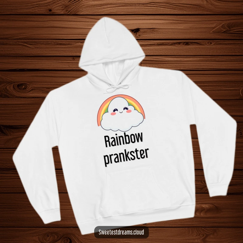 Funny hoodie featuring a cloud with a mischievous smile winking from behind a rainbow, designed for comfort and playful humor.