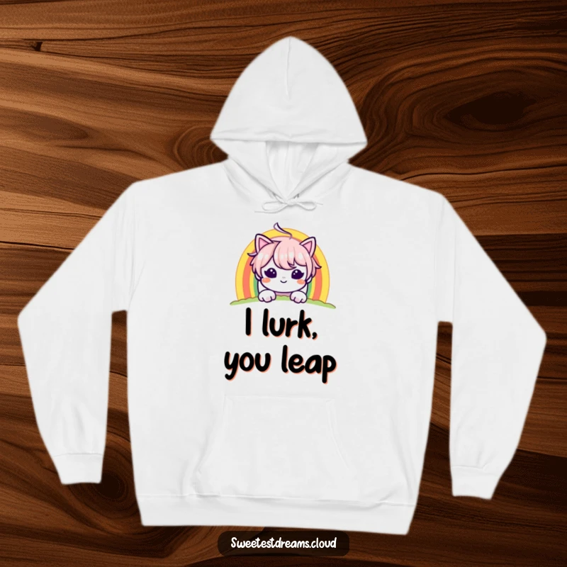 Funny hoodie with a character peeking mischievously from behind a colorful rainbow, offering warmth and humor.