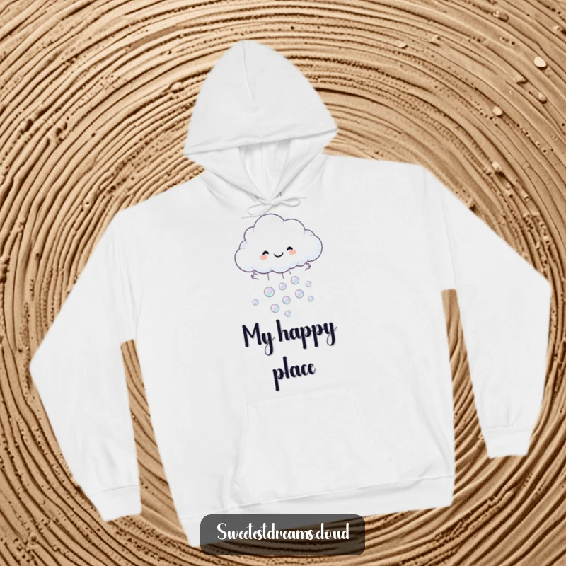 Funny hoodie illustrating a smiling cloud character joyfully catching a cascade of iridescent bubbles.