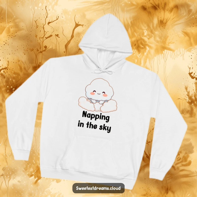 Funny hoodie featuring a smiling cloud character nestled in soft clouds, offering maximum comfort and a sense of gentle well-being.
