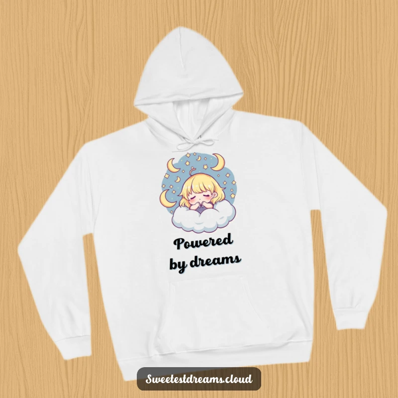 Funny Hoodie: Character engulfed in a starry dreamscape, stars and moons swirling, a cozy and funny wearable.