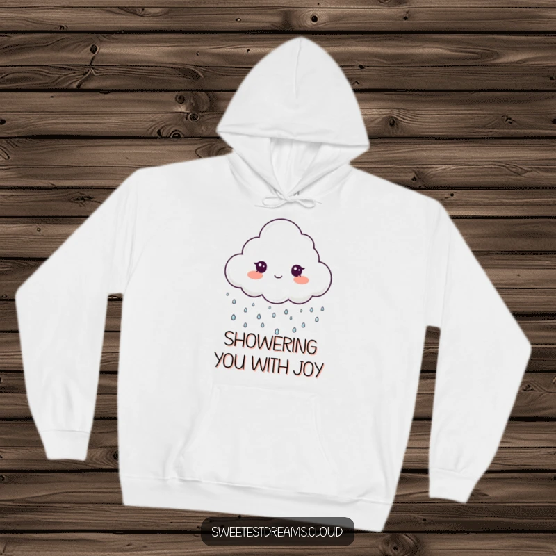 Funny hoodie featuring a cloud character gently raining tiny, sparkling drops, offering warmth and a humorous, magical vibe.