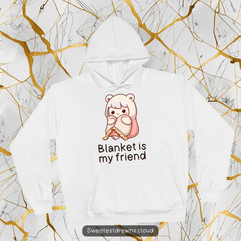 Funny kawaii character hoodie showing a cute character fully embracing a warm blanket, looking incredibly cozy and content.