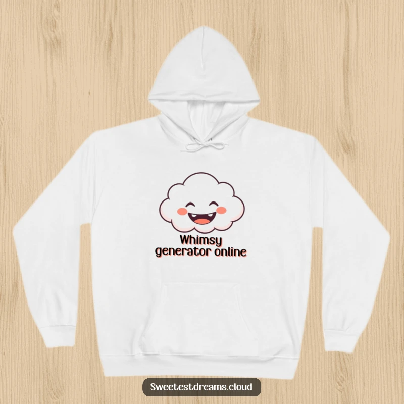 Funny Hoodie featuring a grinning cloud blowing whimsical shapes, perfect for staying warm and spreading smiles.