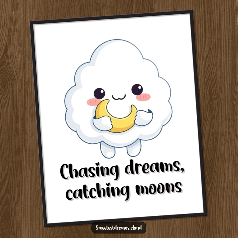 Funny Free Printable Wall Art: Playful cloud character holding a crescent moon as if it were a cherished toy.