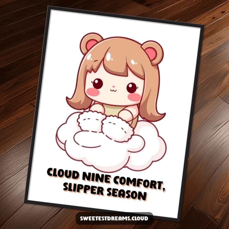 Free Printable Wall Art: A kawaii character wearing fluffy slippers tiptoes delicately across a soft, white cloud under a gentle sky.