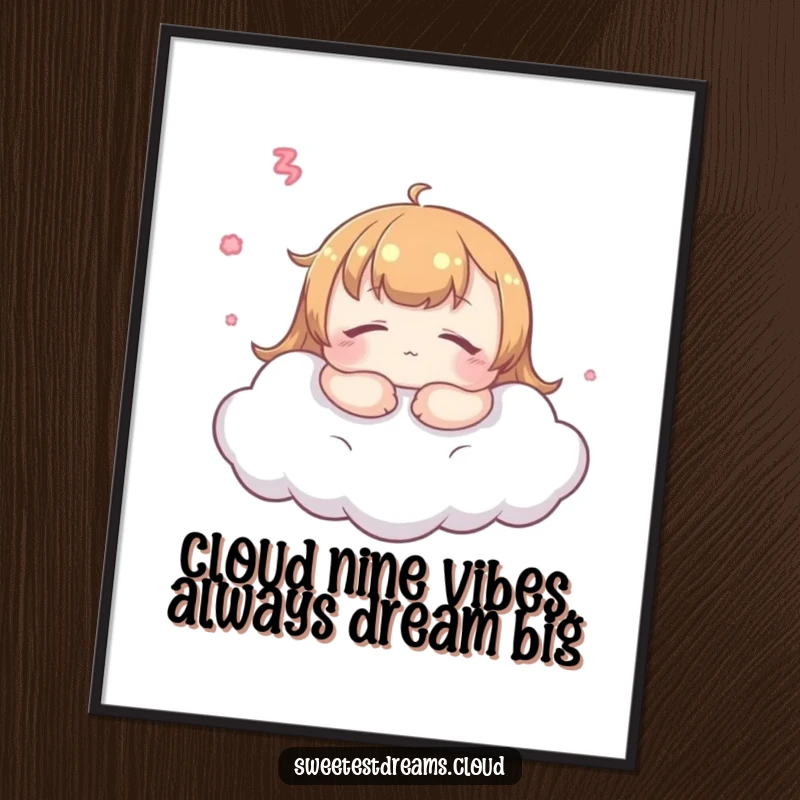 Free Printable Wall Art: A kawaii character sleeps soundly on a plush cloud, surrounded by gentle stars and a peaceful night sky.