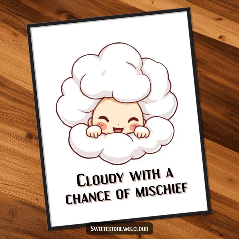 Funny Free Printable Wall Art: Character peeking with mischievous grin from behind a cumulus cloud, a playful downloadable art piece.