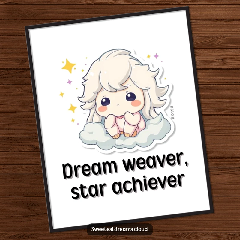 Funny free printable wall art depicting a calm character with swirling sparkling dust around its head, evoking peaceful dreams.