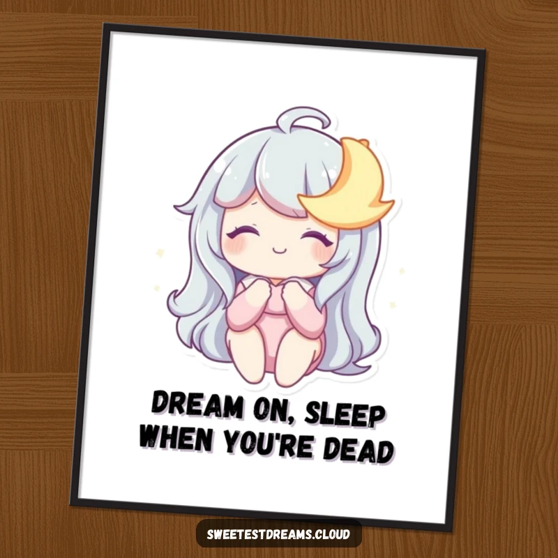 Funny Free Printable Wall Art: Character sharing a dreamy smile with a serene, sleepy moon.