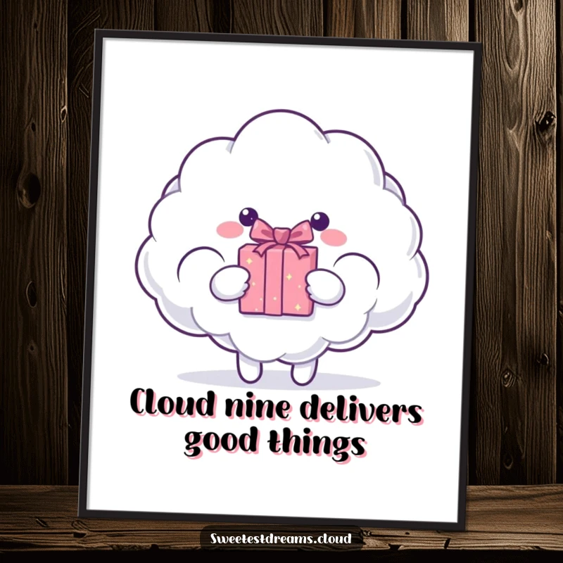 Funny Free Printable Wall Art of a cloud character presenting a sparkling gift box, embodying the joy of surprise, a cute downloadable.