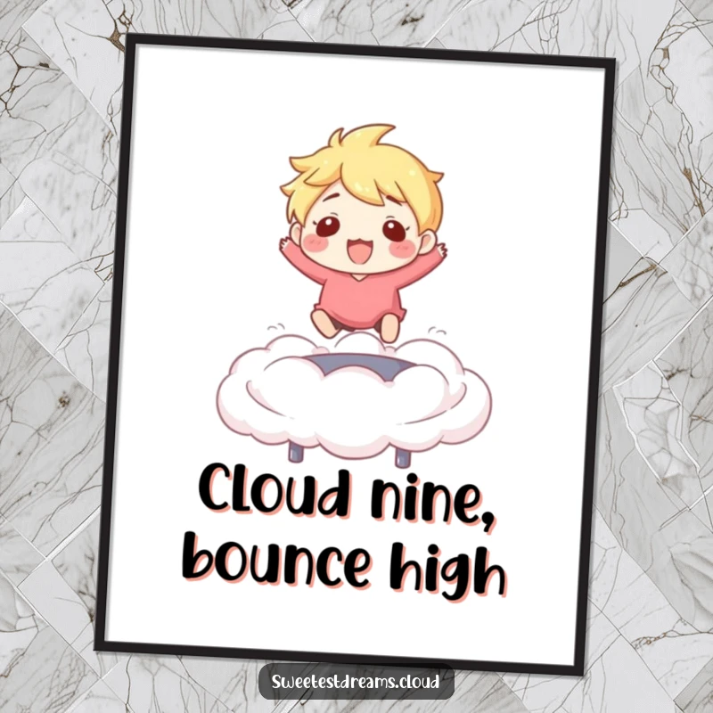 Funny Free Printable Wall Art of a character joyfully bouncing on a fluffy cloud like a trampoline, adding playful energy.