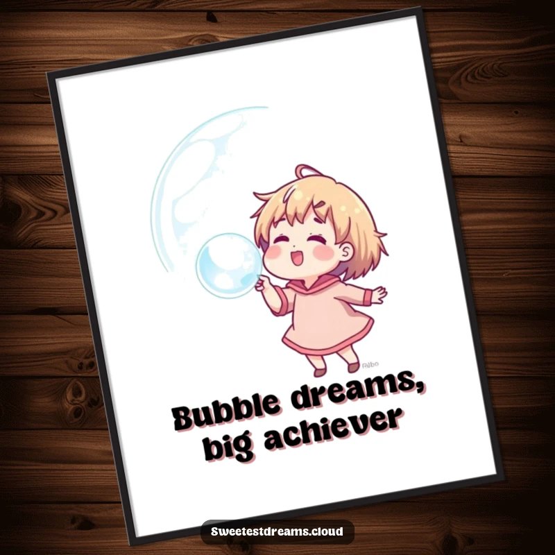 Funny Free Printable Wall Art: A character joyfully blowing a giant bubble that reflects dreams and aspirations, a humorous downloadable art piece.