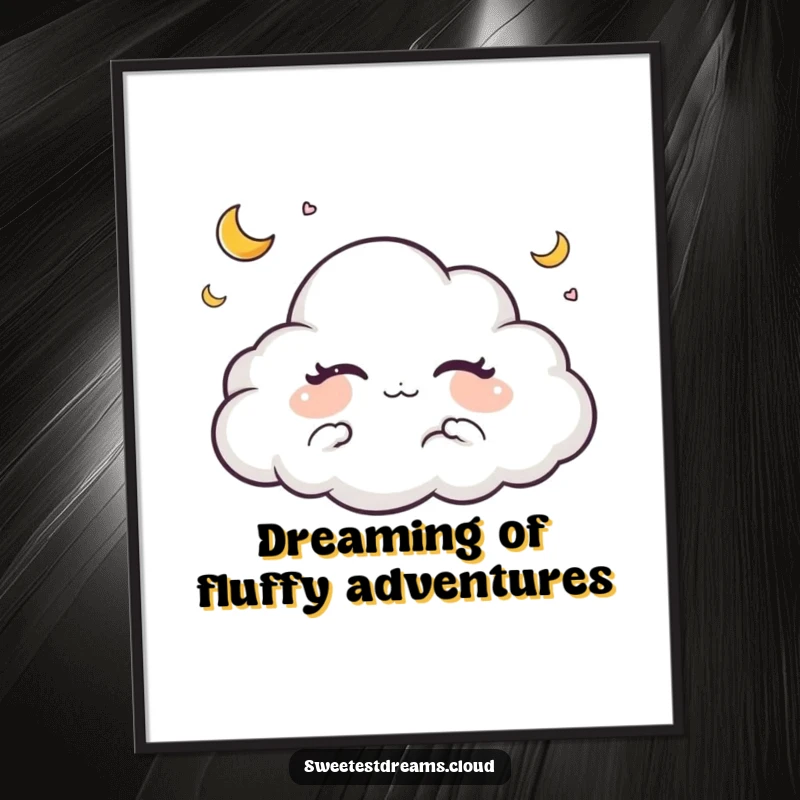 Funny Free Printable Wall Art: A serene cloud character dreaming peacefully with crescent moons. Tranquil downloadable decor.