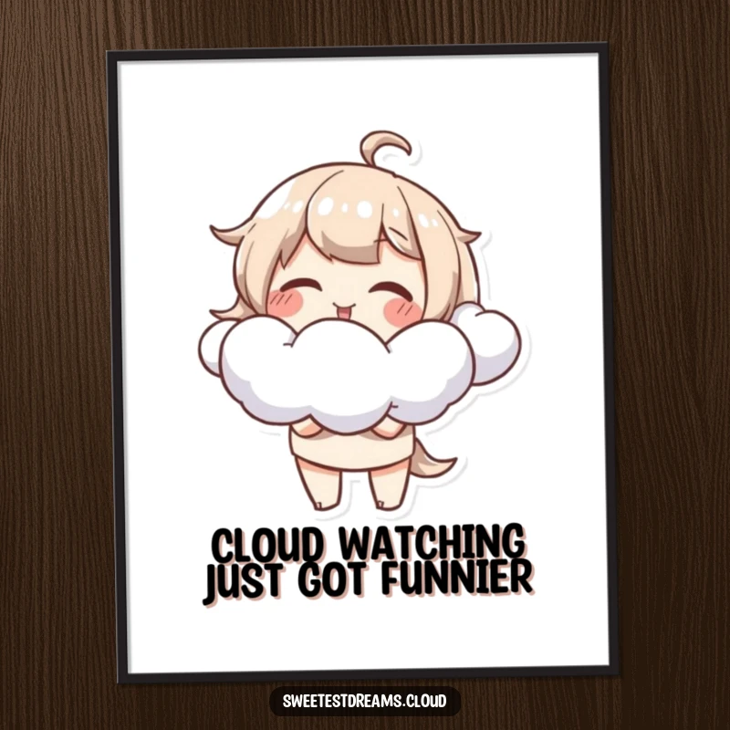 Funny Free Printable Wall Art: Giggling character blowing fluffy cloud shapes, whimsical downloadable art for a cheerful room.