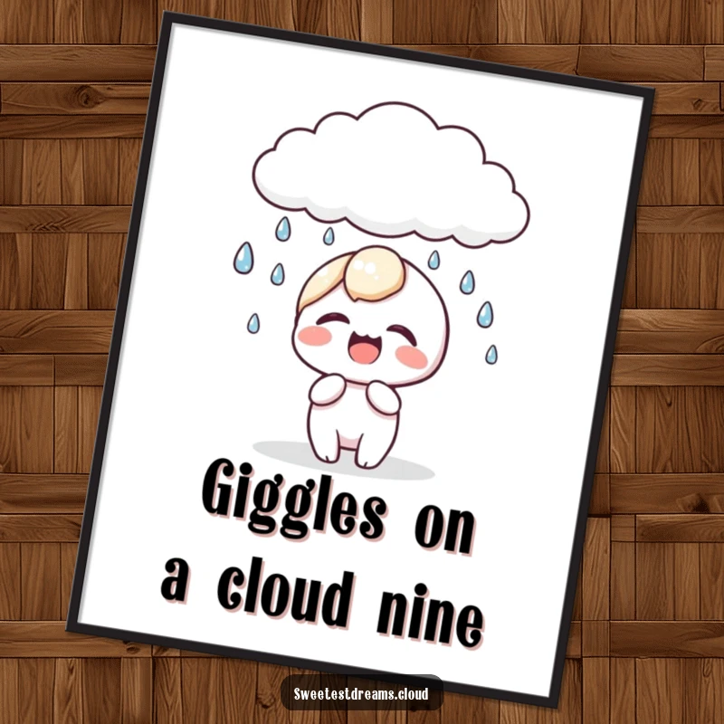 Funny Free Printable Wall Art: A kawaii character is caught in a fit of giggles as dewdrops gently fall from a cloud.