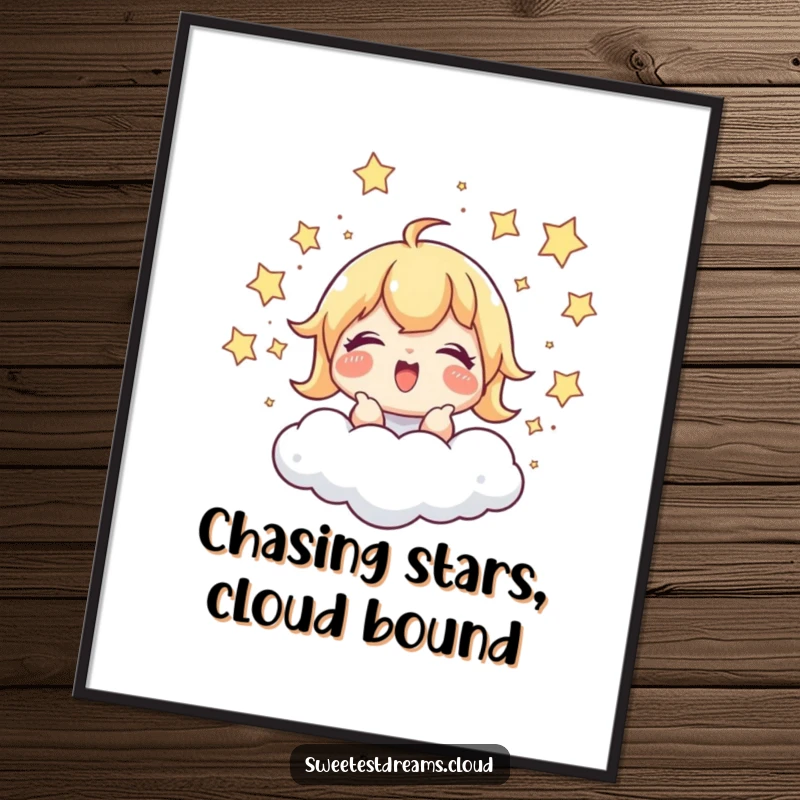 Funny Free Printable Wall Art: Character giggling joyfully while chasing shimmering stars around a fluffy cloud. Whimsical downloadable decor.