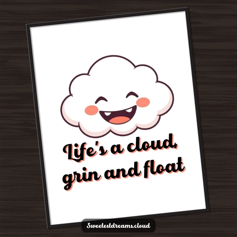 Funny Free Printable Wall Art: A cloud with a big grin blows gentle, whimsical shapes, spreading cheer.