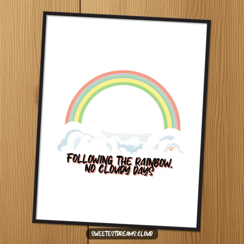 Funny Free Printable Wall Art capturing a magnificent rainbow gracefully arching over a tranquil landscape composed of soft, dreamy clouds.