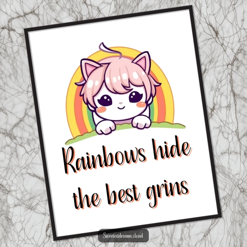 Funny Free Printable Wall Art: A mischievous character peeks from behind a vibrant rainbow, adding a humorous and cheerful touch to this downloadable art.