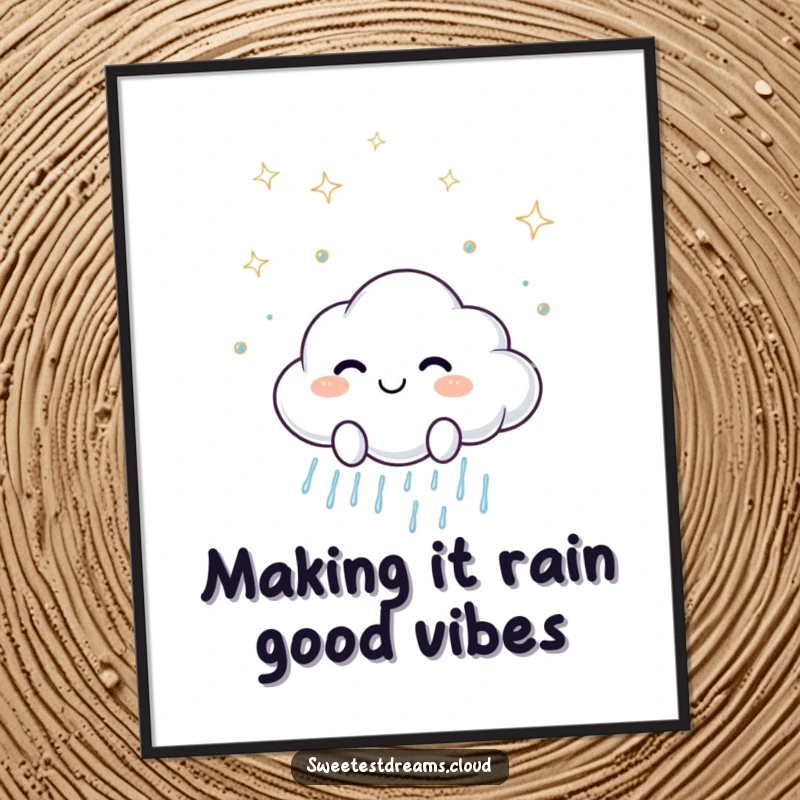 Funny Free Printable Wall Art: A smiling cloud character scattering gentle, sparkling raindrops. Cheerful downloadable decor.