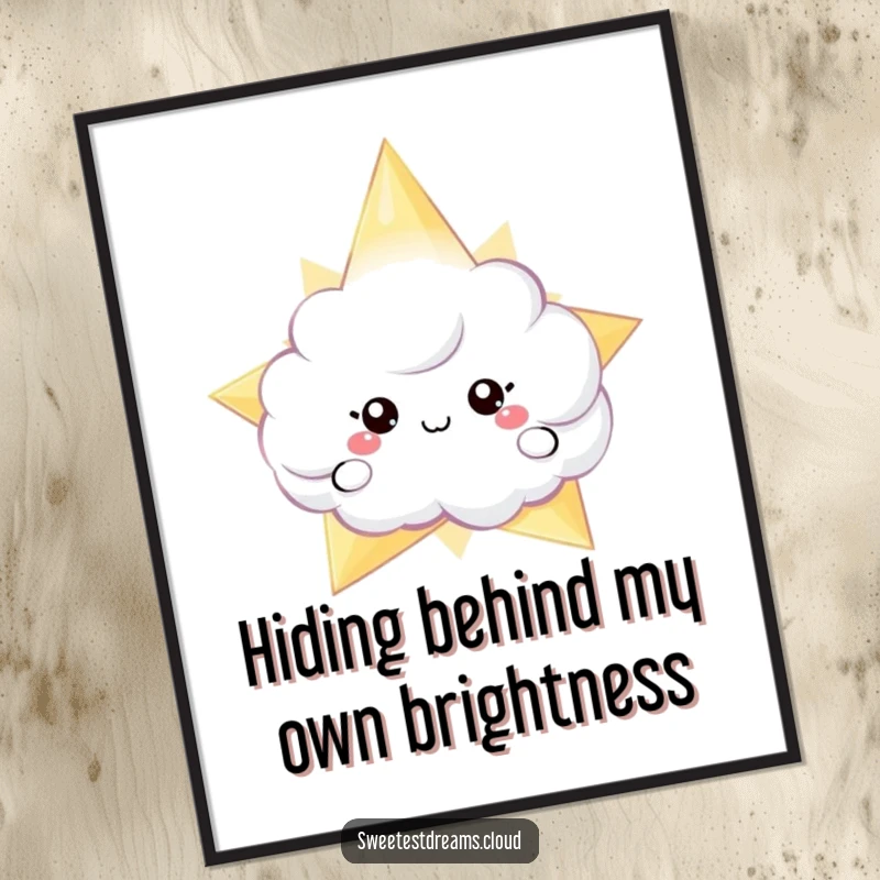 Funny Free Printable Wall Art: A cloud character peeking coyly from behind a giant, shimmering star. Magical downloadable decor.