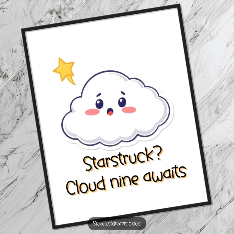 Funny Free Printable Wall Art: A cloud character with a wide-eyed, surprised expression watches a shooting star.