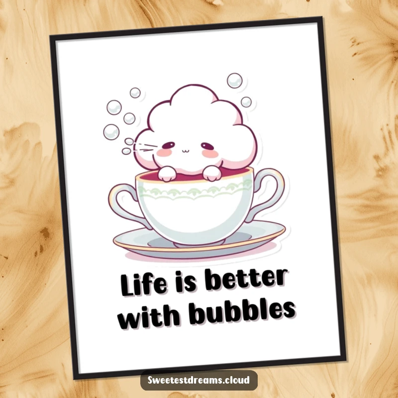 Funny Free Printable wall art depicting a whimsical cloud character emerging from a teacup and blowing delicate, shimmering bubbles.