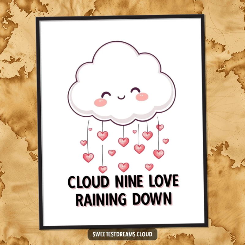 Funny Free Printable Wall Art: Playful cloud character raining shimmering hearts, whimsical downloadable decor.