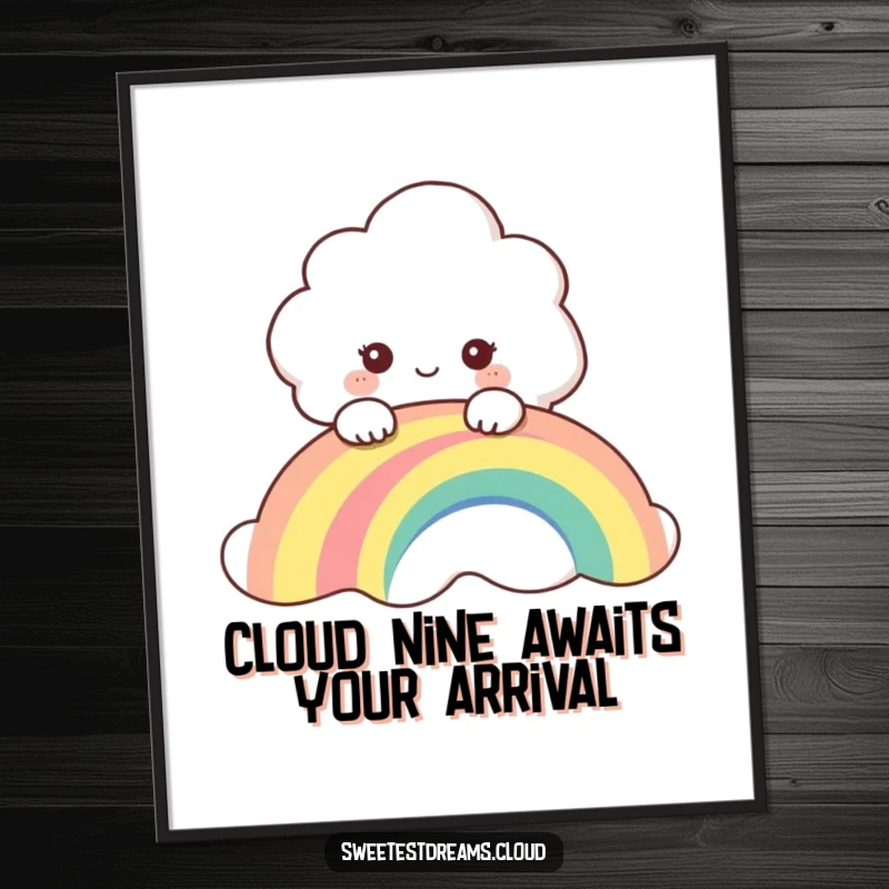 Funny Free Printable Wall Art: A curious cloud character peeking over a colorful rainbow, bringing a smile to any room.