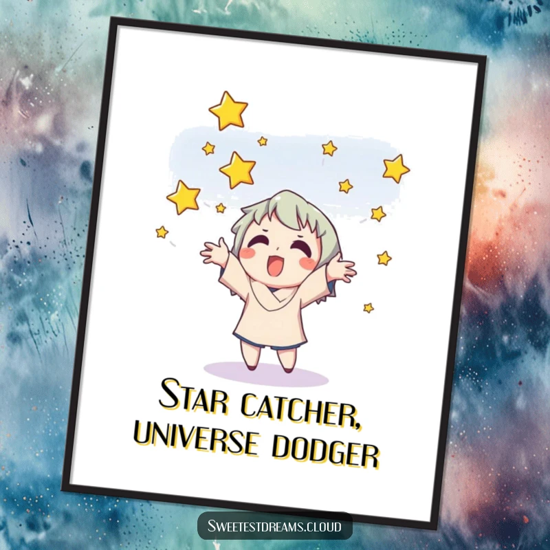 Funny free printable wall art featuring a cartoon character with a big smile, enthusiastically catching falling stars with outstretched hands.