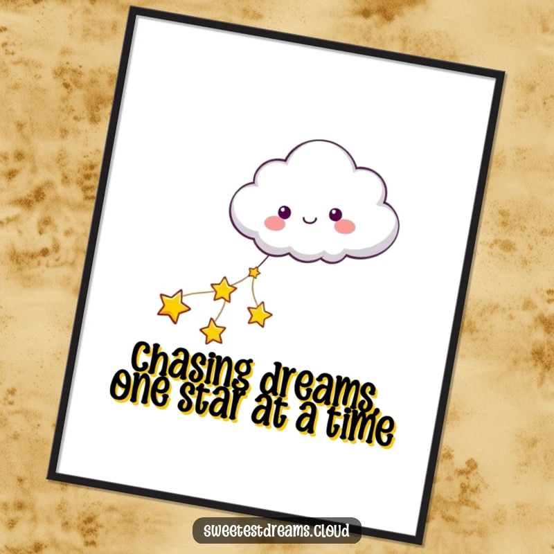 Funny Free Printable Wall Art: A cloud character joyfully pulled by a string of sparkly stars, creating a magical scene.