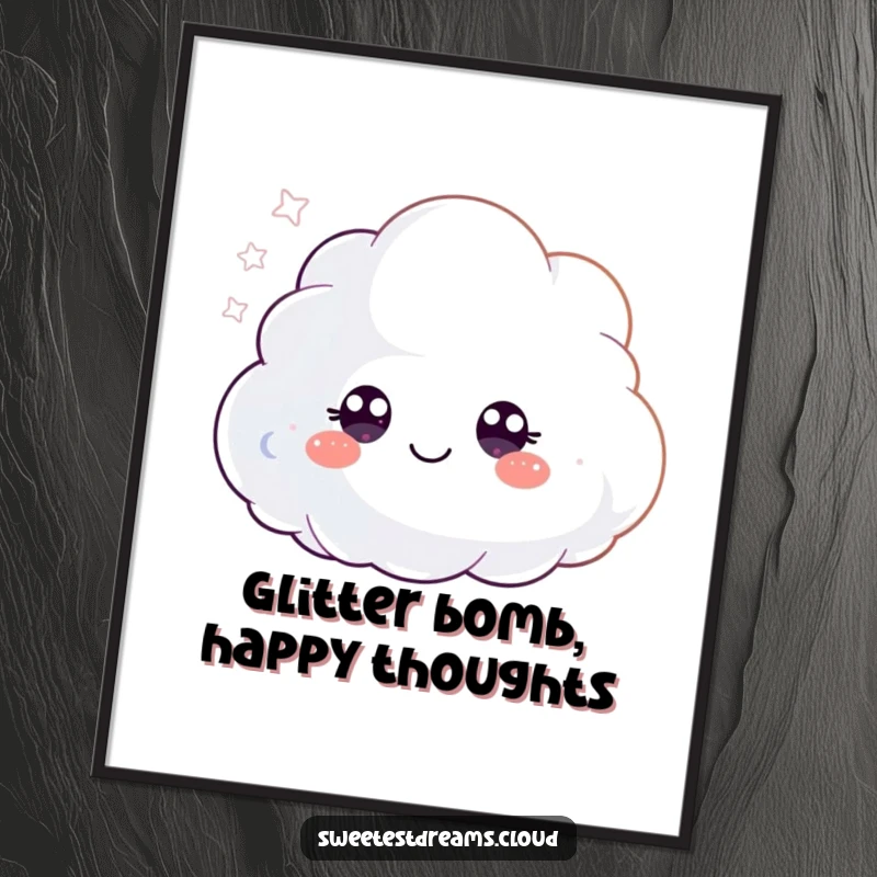 Funny Free Printable wall art of a small, fluffy cloud character with wide, happy eyes, joyfully blowing a cascade of shimmering glitter.