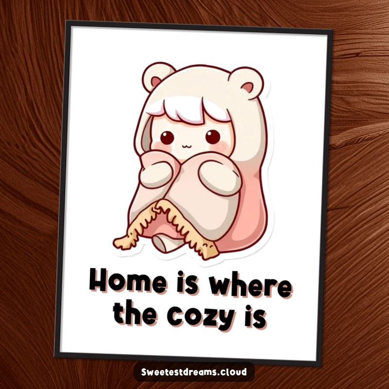 Funny Free Printable Wall Art: A kawaii character looking ultra-cozy, wrapped securely in a soft, warm blanket.