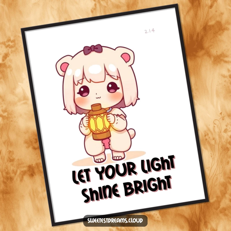Funny Free Printable Wall Art: A kawaii character holds a tiny lantern that emits a warm, inviting, magical glow.