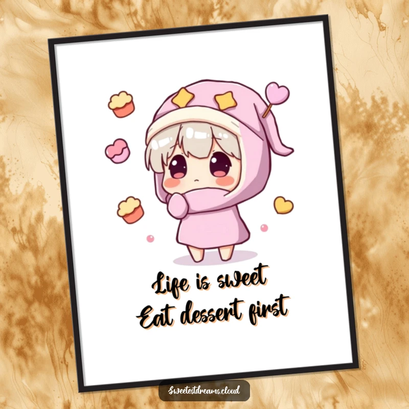 Funny Free Printable Wall Art: Character in a nightcap looks amazed at an abundance of floating sweets.