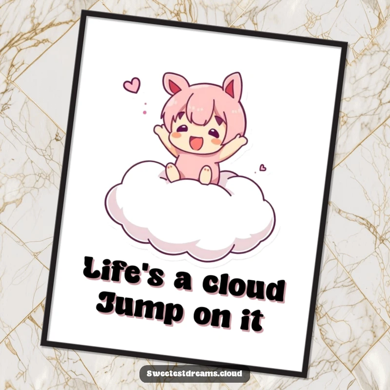 Funny Free Printable Wall Art: Character energetically bouncing on a soft, pillowy cloud.