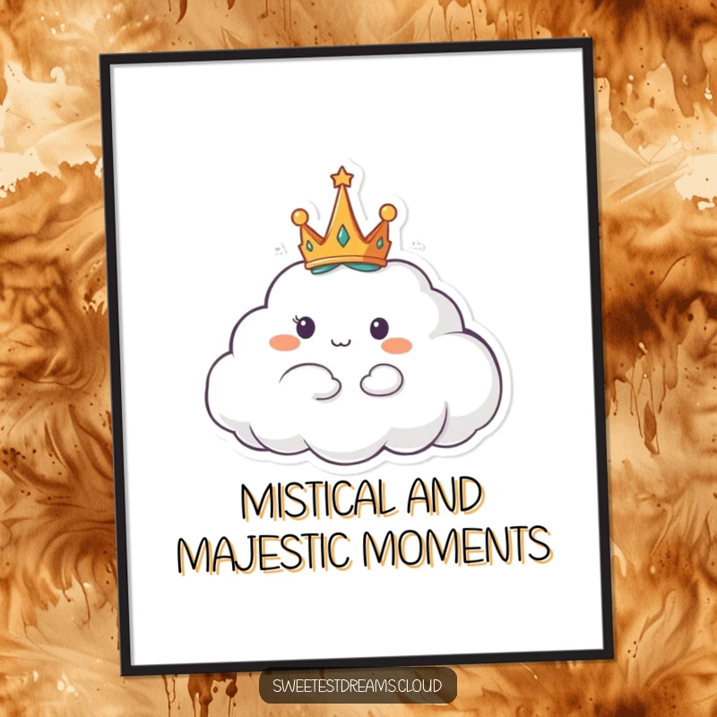Funny Free Printable wall art depicting a cloud character wearing a small, elegant crown, floating with majestic grace on soft mist.