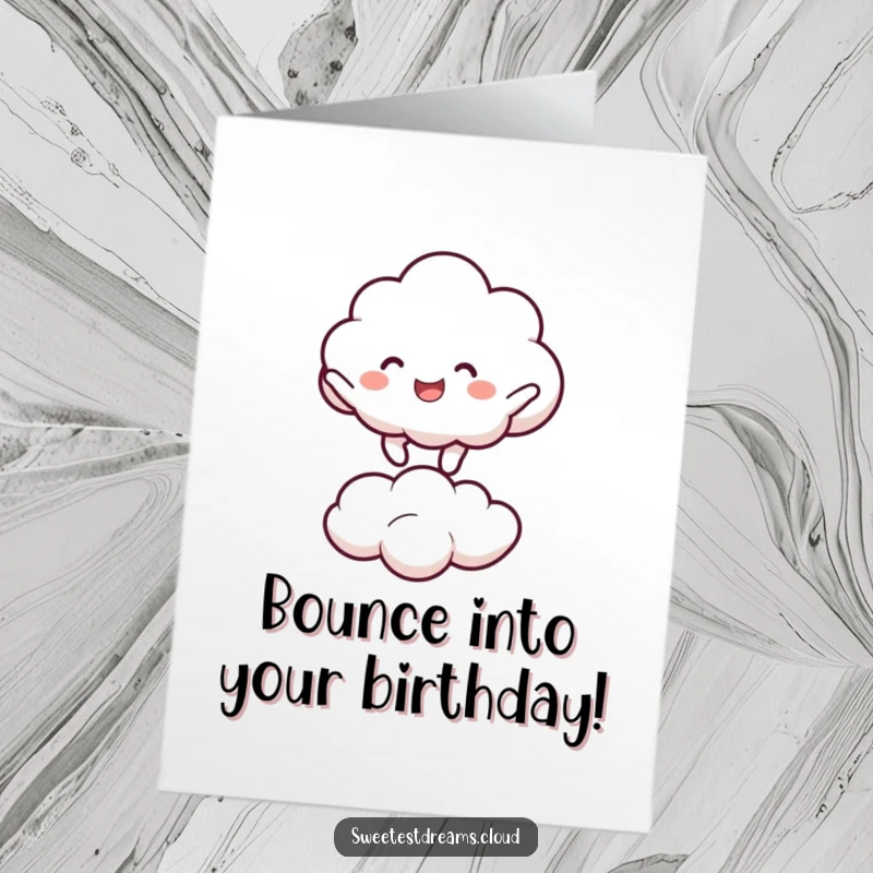Funny Free Printable Birthday Card with a cloud character joyfully bouncing, wishing a fun celebration, a cute downloadable greeting.