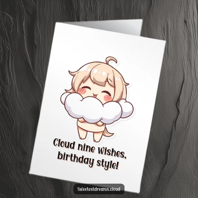Funny Free Printable Birthday Card: Giggling character blowing fluffy cloud shapes, perfect for a lighthearted, downloadable gift.