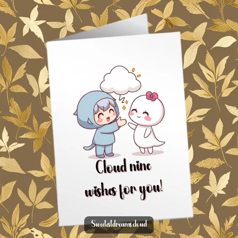 Funny free printable birthday card featuring one character smilingly offering a fluffy cloud to another, symbolizing a generous gift.